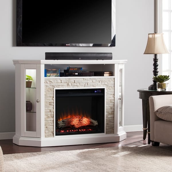 slide 1 of 16, Ratner Faux Stone Fresh White Corner Convertible Fireplace Mirrored Reflector Firebox