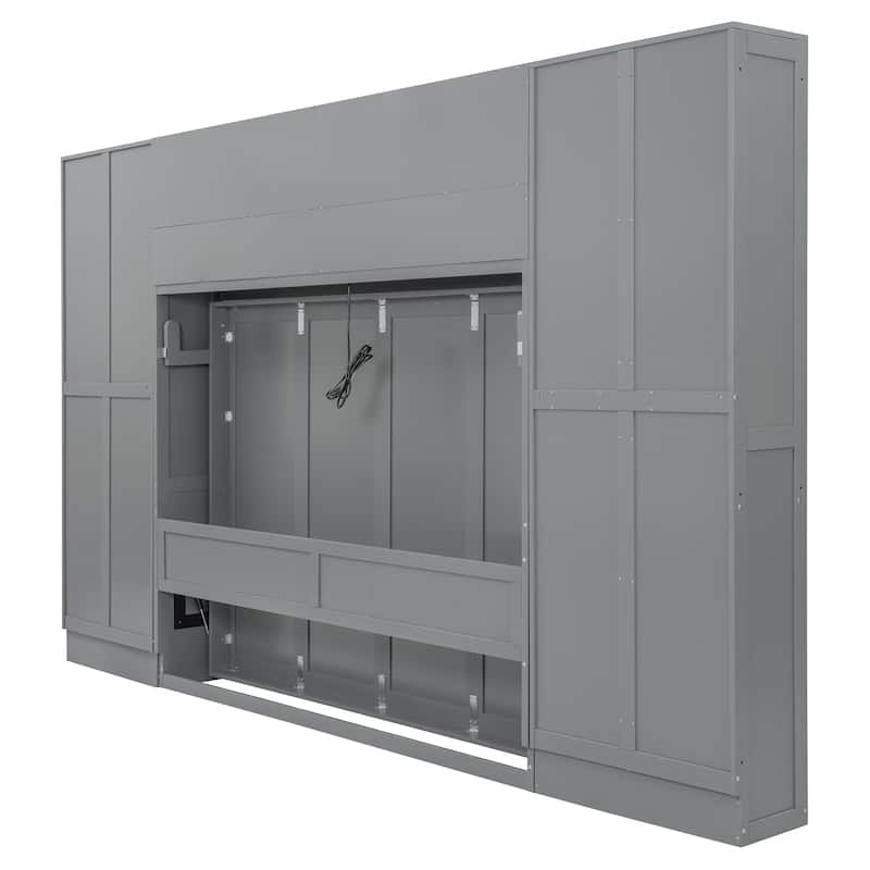 Versatile Queen Size Murphy Bed with Long Desk, Storage Folding Bed Frame with Closet, Cabinets, Drawers and Shelves