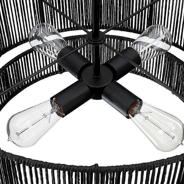 Cynthia 4-Light Black Rattan Drum Chandelier Light - 22''W - On