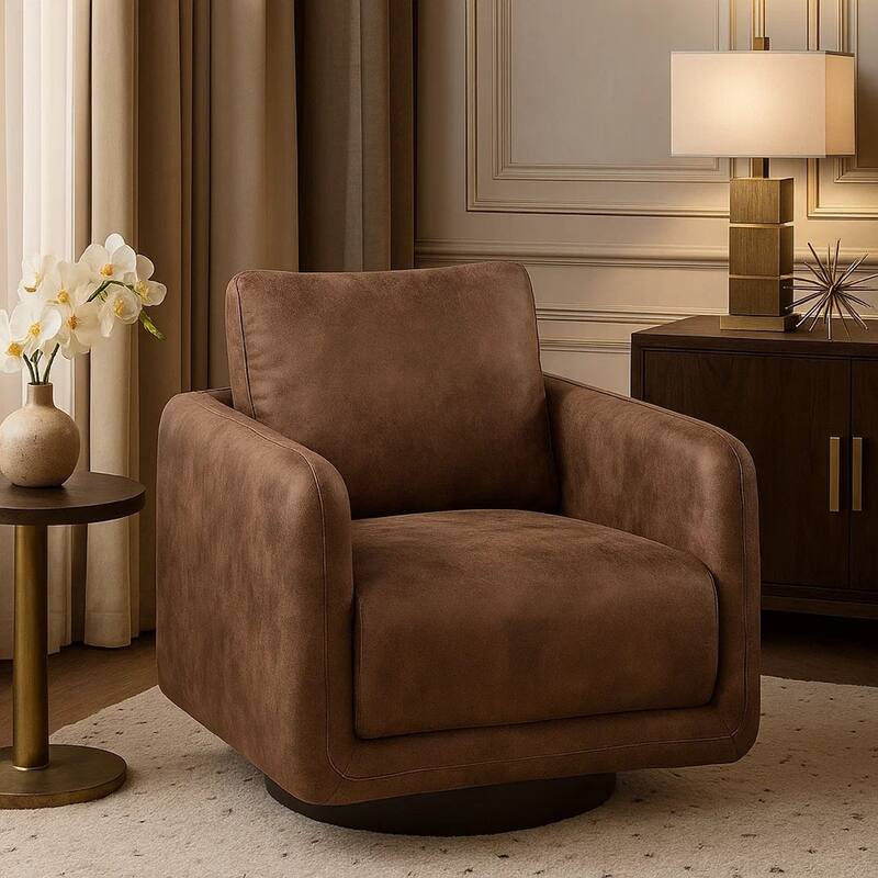 Wade Swivel Armchair, Square Frame, Walnut Brown Faux Leather