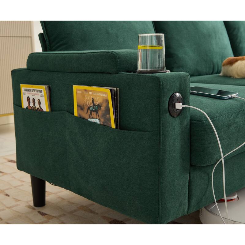 78" Fabric L-Shaped Sectional Sofa with USB, Ottoman & Magazine Bags (3-Seater)