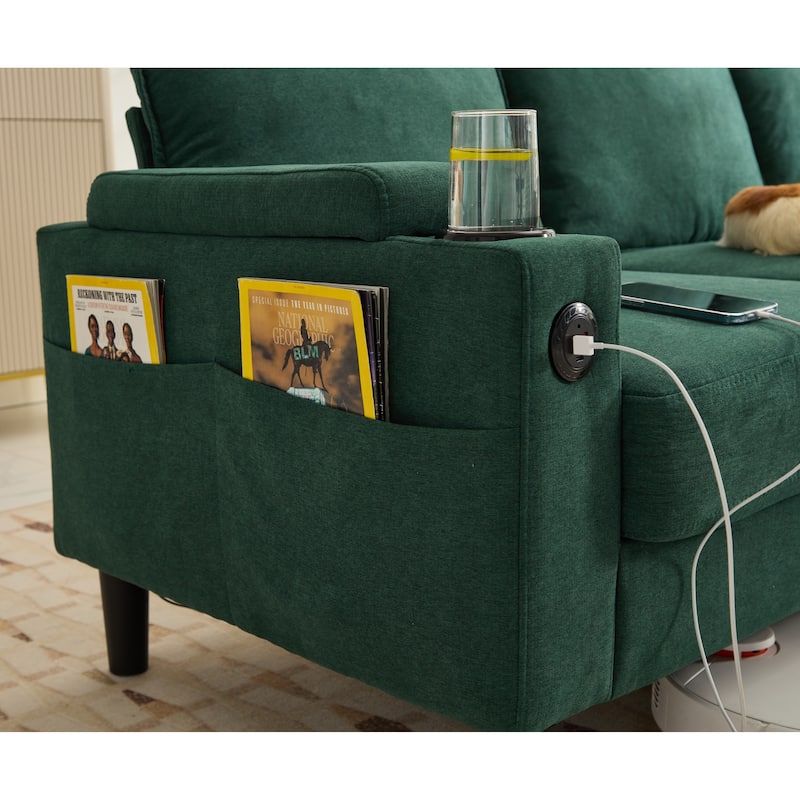 78'' Fabric L-Shaped 3-Seater Sectional Sofa with Storage Ottoman, USB Port, Cup Holders, and Magazine Bags