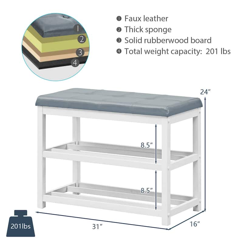 Gymax 2-Tier Wooden Shoe Rack Bench w/Padded Seat for Entryway Bedroom - 31'' x 16'' x 24''