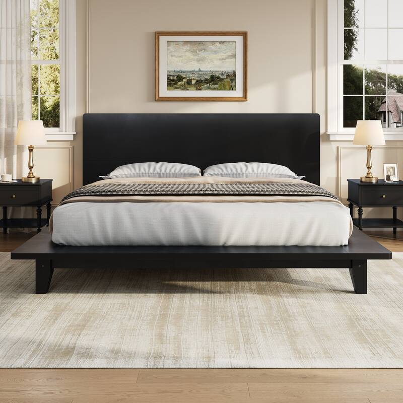 Wooden Platform Bed Frame with Headboard, Rustic Bed Frame with Wood Center Slats Support, No Box Spring Needed, Easy Assembly - Black - Queen