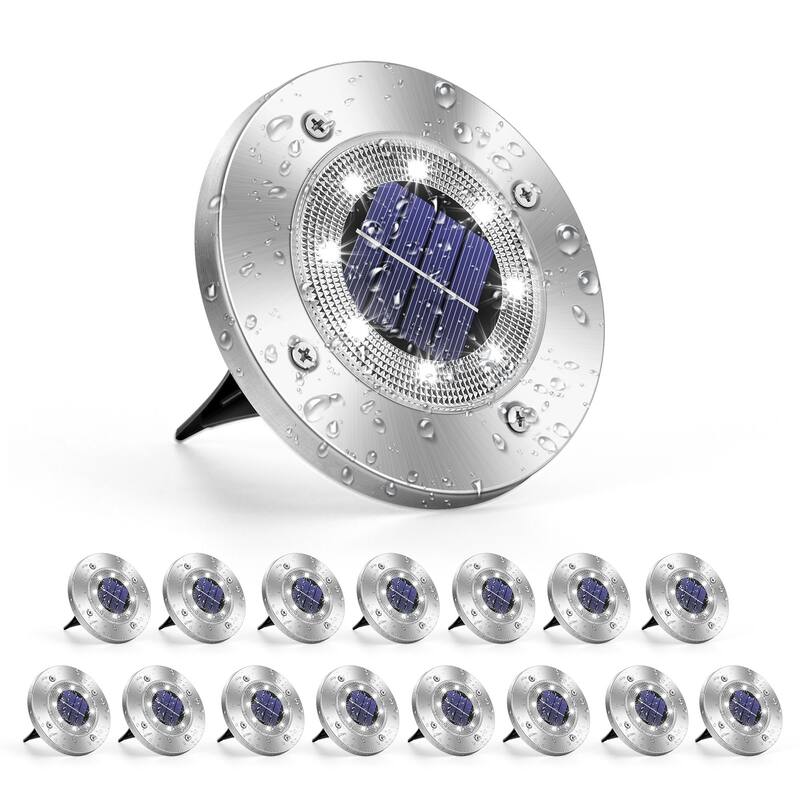 Solar Ground Lights Outdoor Waterproof Disc Lights for Deck,Garden,Pathway - Cool White/Silver - 16 PCS
