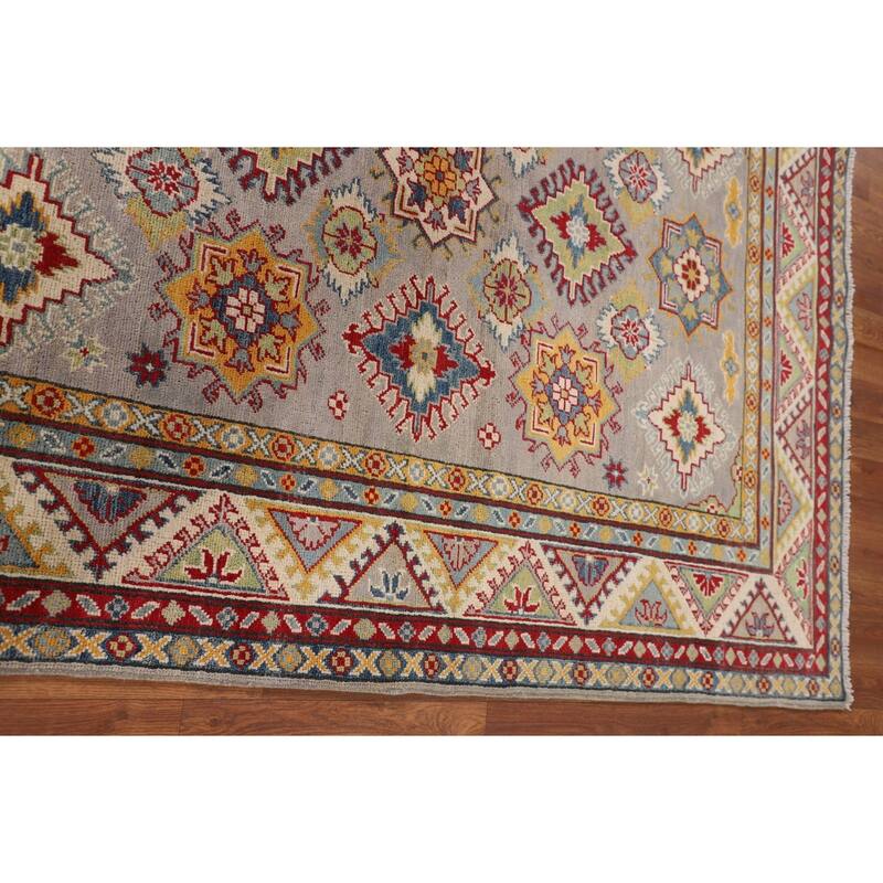 Grey Geometric Kazak Oriental Area Rug Hand-Knotted Wool Carpet - 5'1" x 6'7"