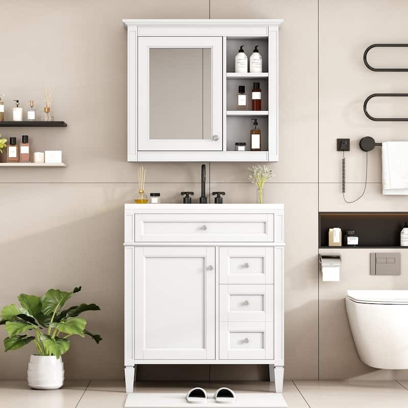 Plywood Freestanding Bathroom Vanity Set in Maple with Integrated Ceramic Sink with Mirror Cabinet - 30“ x 18" - White