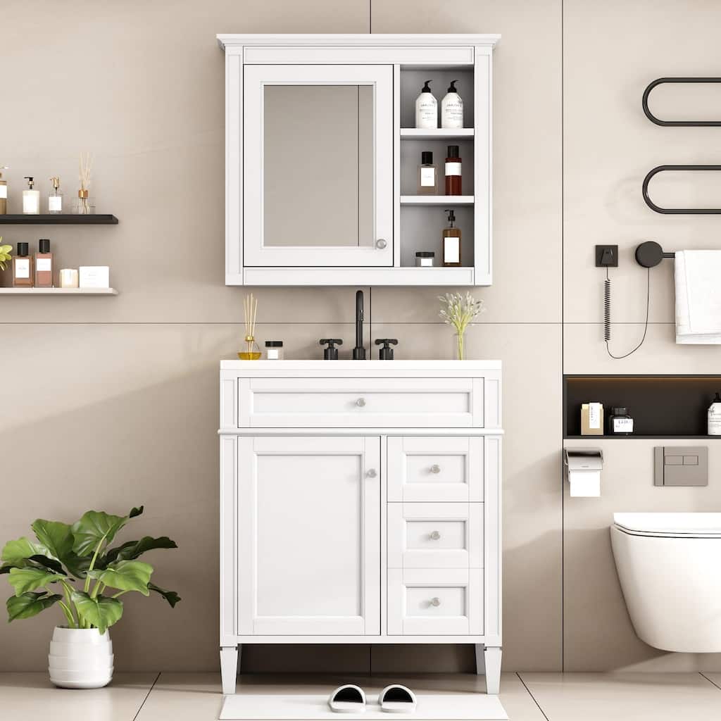 Plywood Freestanding Bathroom Vanity Set in Maple with Integrated Ceramic Sink with Mirror Cabinet - 30“ x 18"