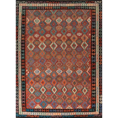 Reversible Orange Kilim Oriental Area Rug Flatweave Wool Carpet - 10'1" x 12'9"