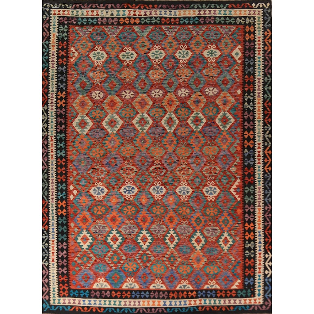 Reversible Orange Kilim Oriental Area Rug Flatweave Wool Carpet - 10'1" x 12'9"