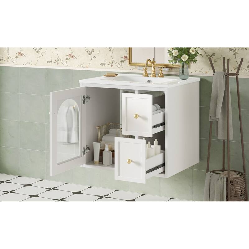 24" Bathroom Vanity Set Wall Mounted for Small Space, Bathroom Cabinet with Ceramic Sink, 2 Drawers and 1 Soft-Close Door