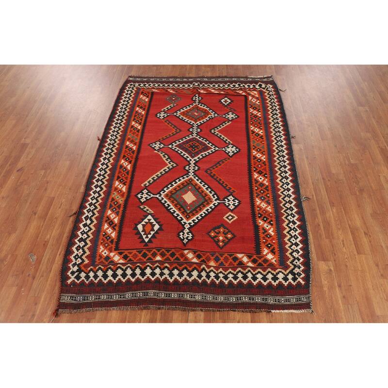 Red Kilim Qashqai Persian Vintage Area Rug Flatweave Wool Carpet - 5'0"x 7'6"