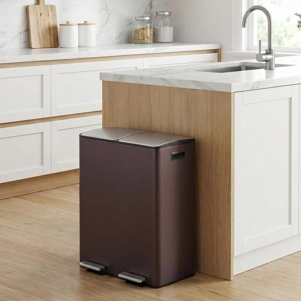2 x 8 Gallon Dual Compartment Kitchen Trash Can, Garbage Can with Lid - Brown