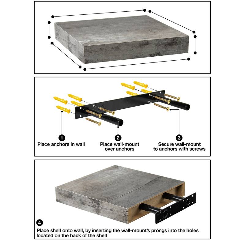 3 Pack Square Mounted Floating Shelves - Rustic Wood Display Ledge Storage Shelf