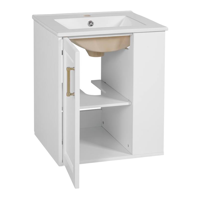 Wall Mounted Bathroom Vanity with Ceramic Sink, 20" Small Floating Bathroom Cabinet with Side Cabinet, White - 20 Inch