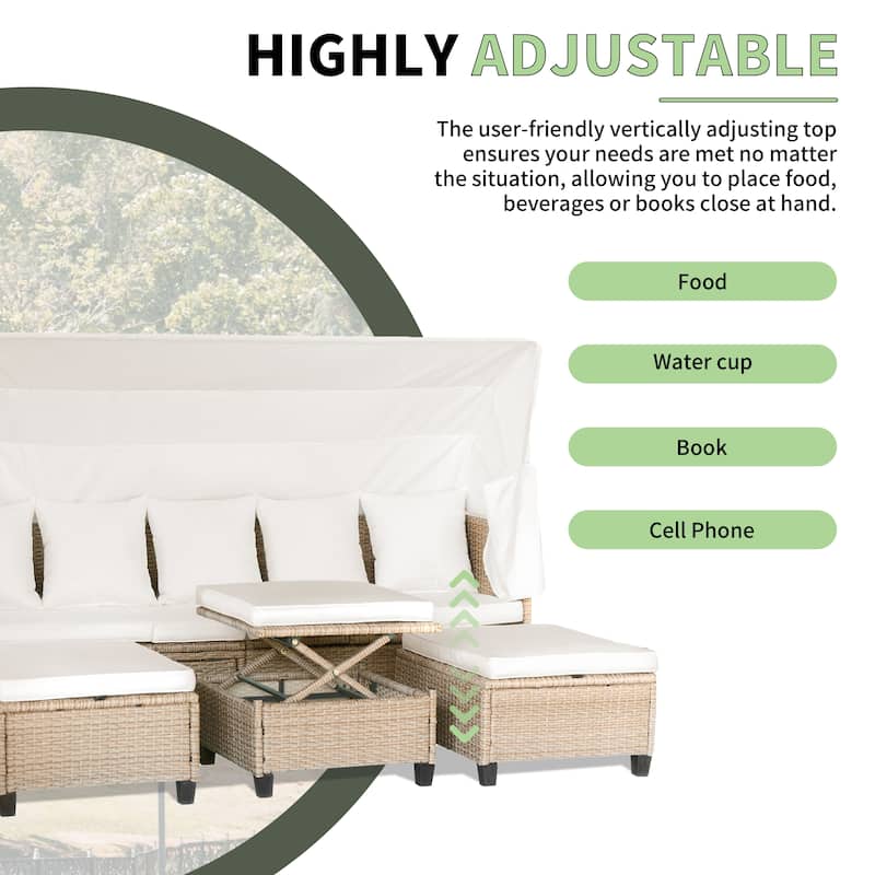 4 Piece UV-Proof Resin Wicker Patio Sofa Set with Retractable Canopy, Cushions & Lifting Table, Beige