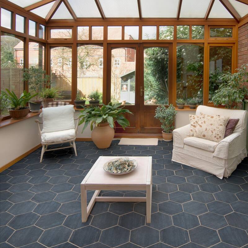 Merola Tile Retro Mini Hex Blue 7" x 8" Porcelain Floor and Wall Tile - Sample swatch