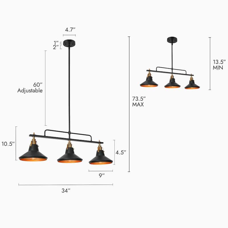 Modern Industrial 3-Light Linear Chandelier Black Gold Metal Pendant Lights for Dining Room - 34'' L x 9'' W x 10.5'' H