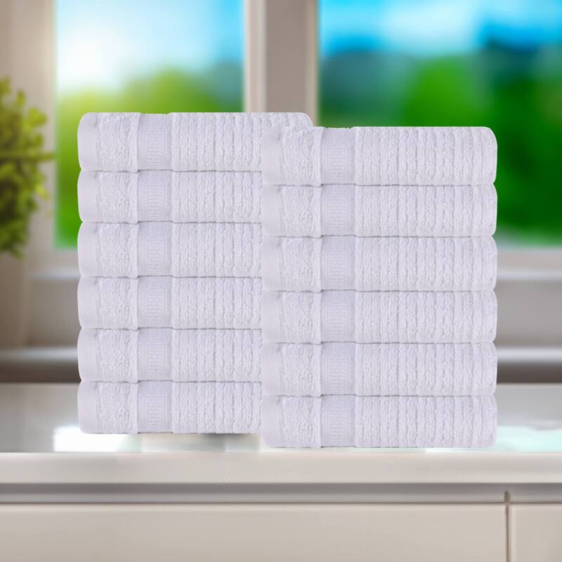Superior Brea Zero Twist Cotton Ribbed Face Towel Washcloth Set of 12 - White