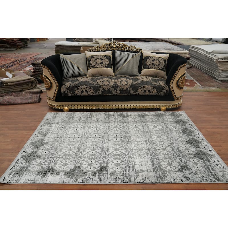 Machine Made Oriental Polyester Carpet Geometric Greys & Charcoal Distressed Area Rug - 7' 5'' X 5' 2''