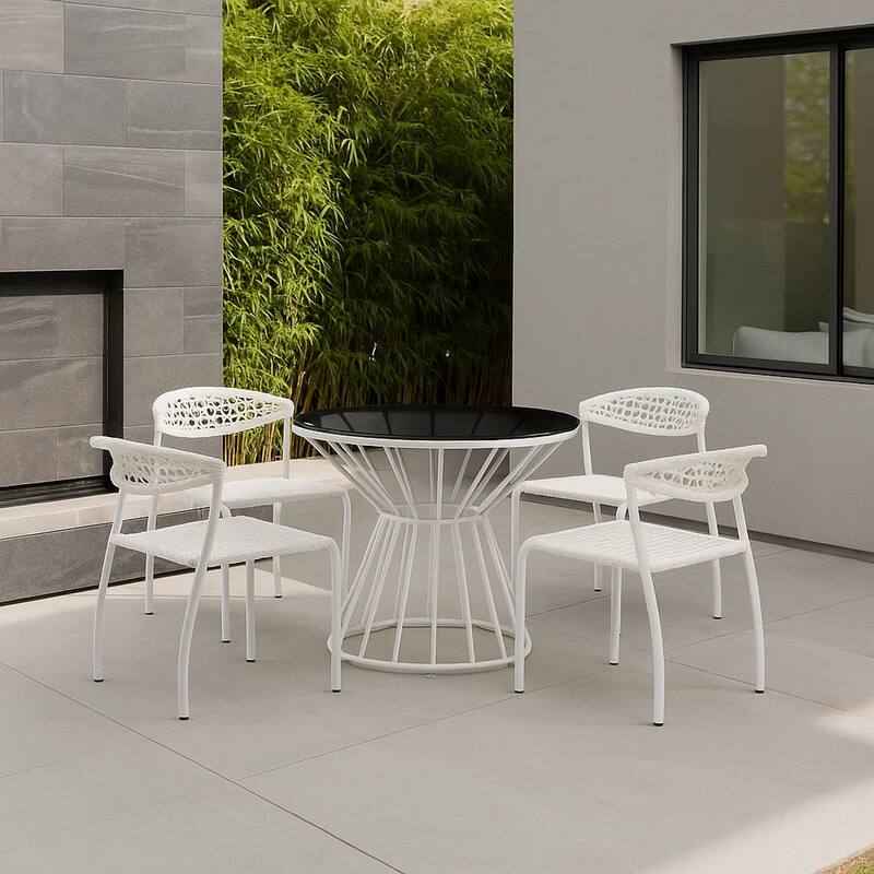 Industrial 5 Piece Metal Outdoor Dining Set, White and Black