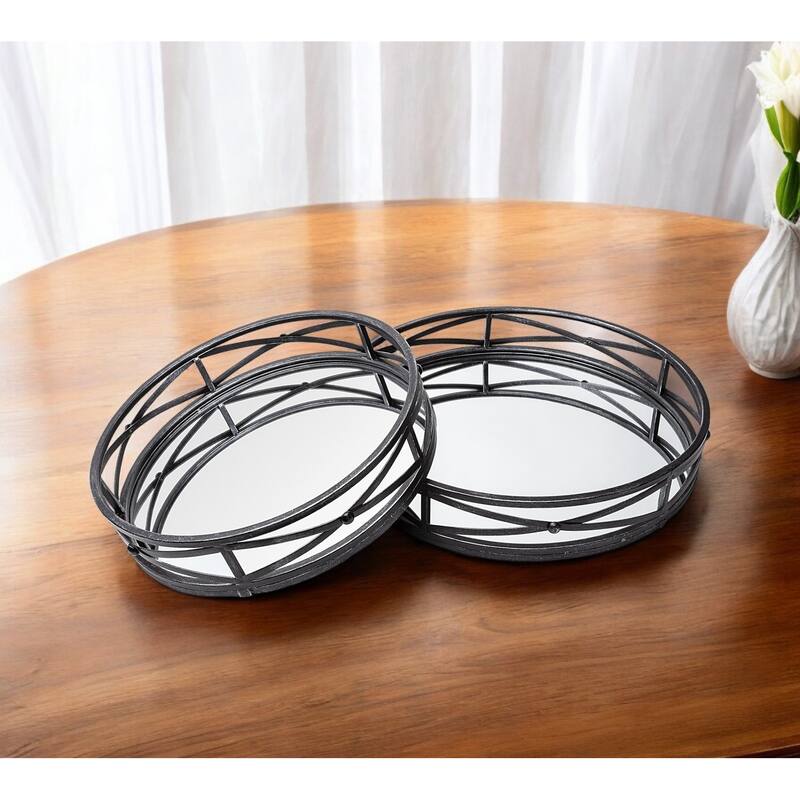 HomeRoots Set of Two Black Round Metal And Mirrored Glass Vanity Trays - 23.6L x 5.7W x 23.8H - 23.6L x 5.7W x 23.8H - Black