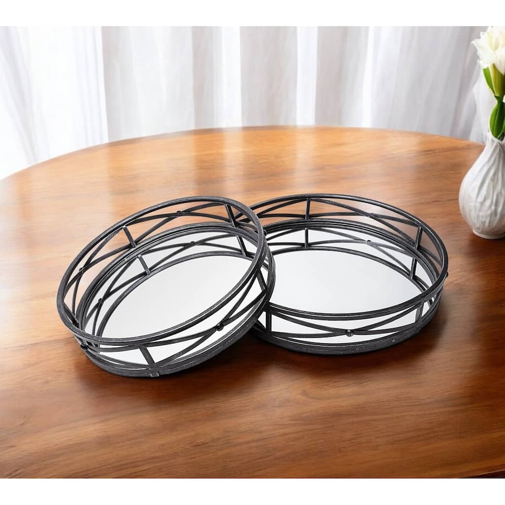 HomeRoots Set of Two Black Round Metal And Mirrored Glass Vanity Trays - 23.6L x 5.7W x 23.8H