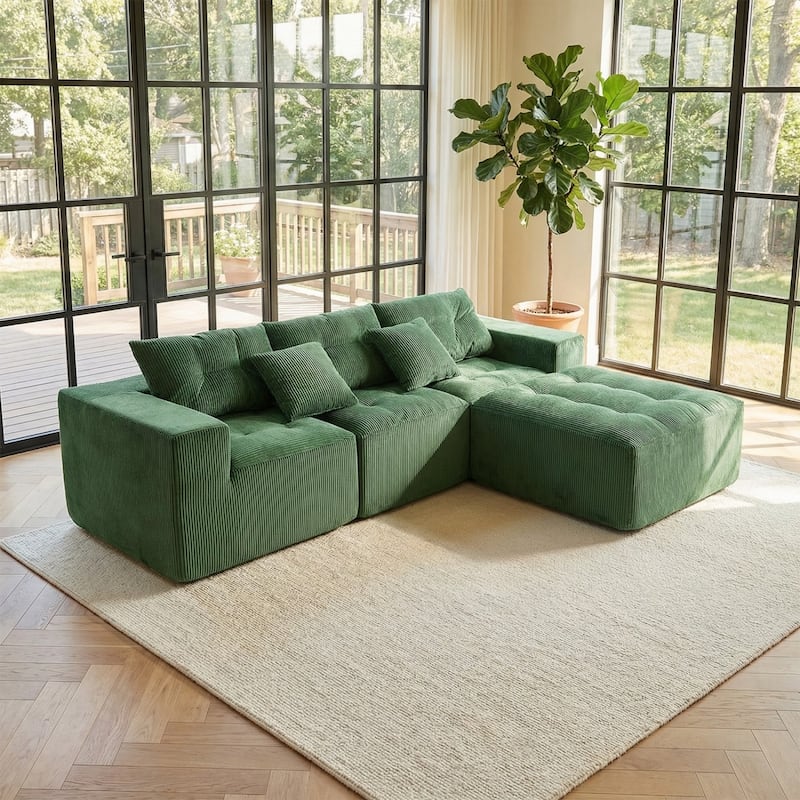 101.18" Corduroy Modular Sectional Sofa with Ottoman, No Assembly Required - Green