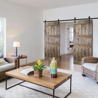 Paneled Wood Dark Brown Barn Door with Hardware Kit-Double Door