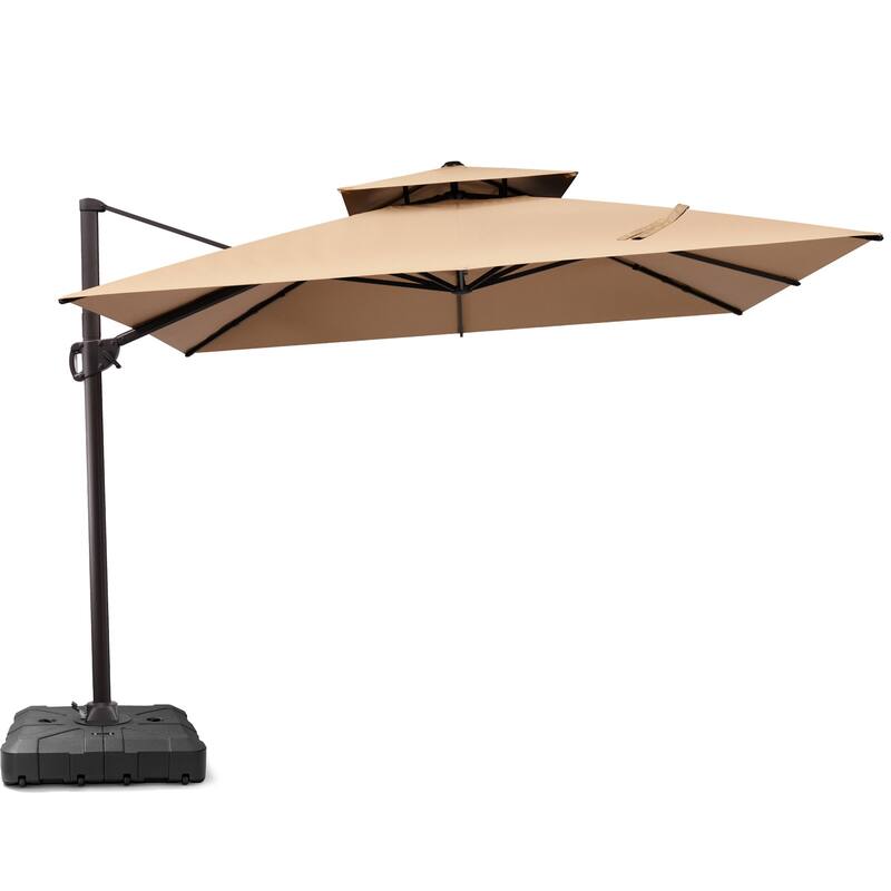 11 x 11 FT Outdoor Patio Cantilever Umbrella with Crank and 360 Degrees Rotation - Tan - with Base