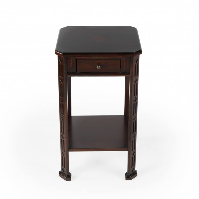 HomeRoots 27" Dark Brown And Cherry Manufactured Wood Rectangular End Table With Drawer And Shelf - 15