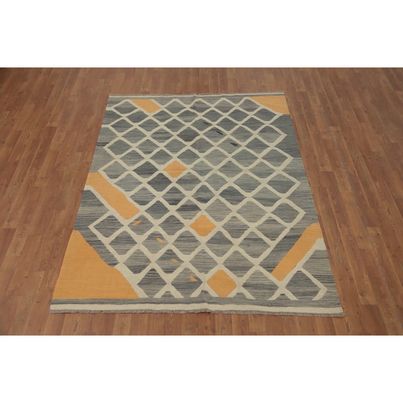 Hand Woven Oriental 100% Wool Carpet Southwestern All-Over Greys & Charcoal Kilim Area Rug - 6' 6'' X 4' 10''