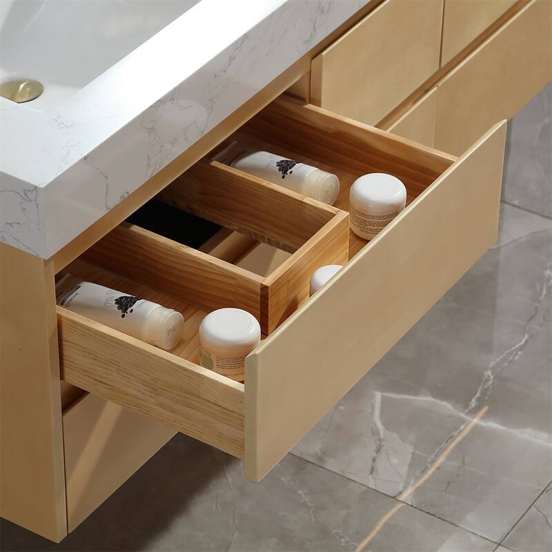 48 in./ 60 in. Solid Wood Wall-Mounted Bathroom Vanity Set in Maple with Engineered Stone Top and Ceramic Sink