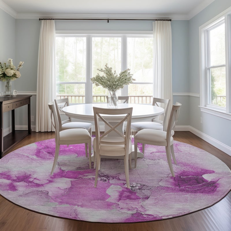 Machine Washable Indoor/ Outdoor Abstract Watercolor Chantille Rug - 8' x 8' - Pink