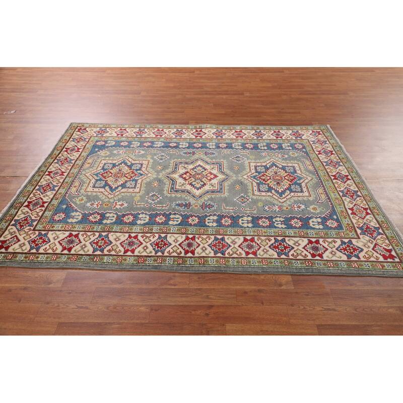 Geometric Kazak Rug Hand-Knotted Grey Wool Carpet - 4'11" x 6'9"