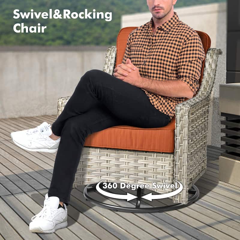 OVIOS 5 Pieces Outdoor Wicker Swivel Chair Set With Solar-Powered Table