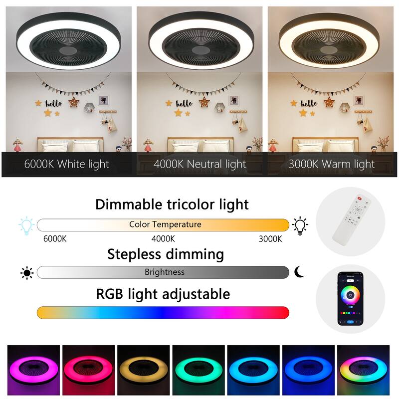 RGB Ceiling Fan Lights, Modern Flush Mount Ceiling Fan, 6-Speed Reversible DC Motor Ceiling Fan