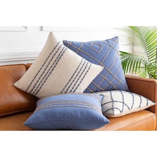 Livabliss Malik Cream & Navy Hand Embroidered Throw Pillow Cover
