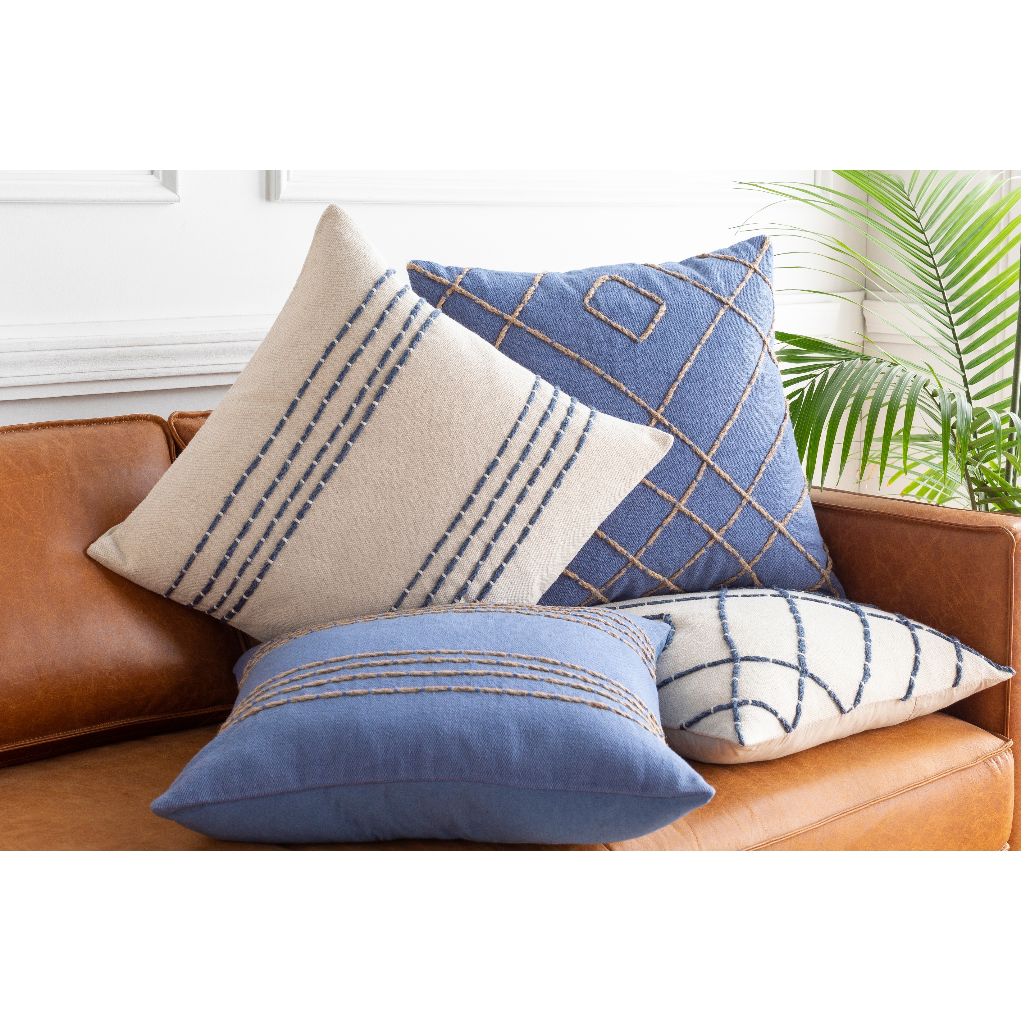 Livabliss Malik Cream & Navy Hand Embroidered Throw Pillow Cover (22" x 22")