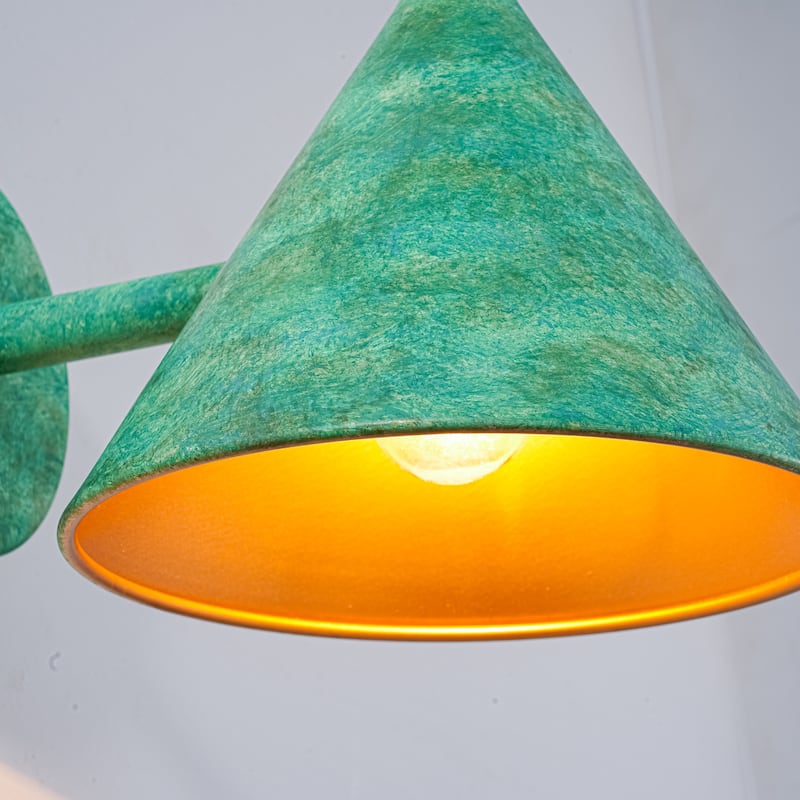 8.3 in. W Rustic Farmhouse Distressed Green Metal Cone Wall Sconce with Gold Interior Accent