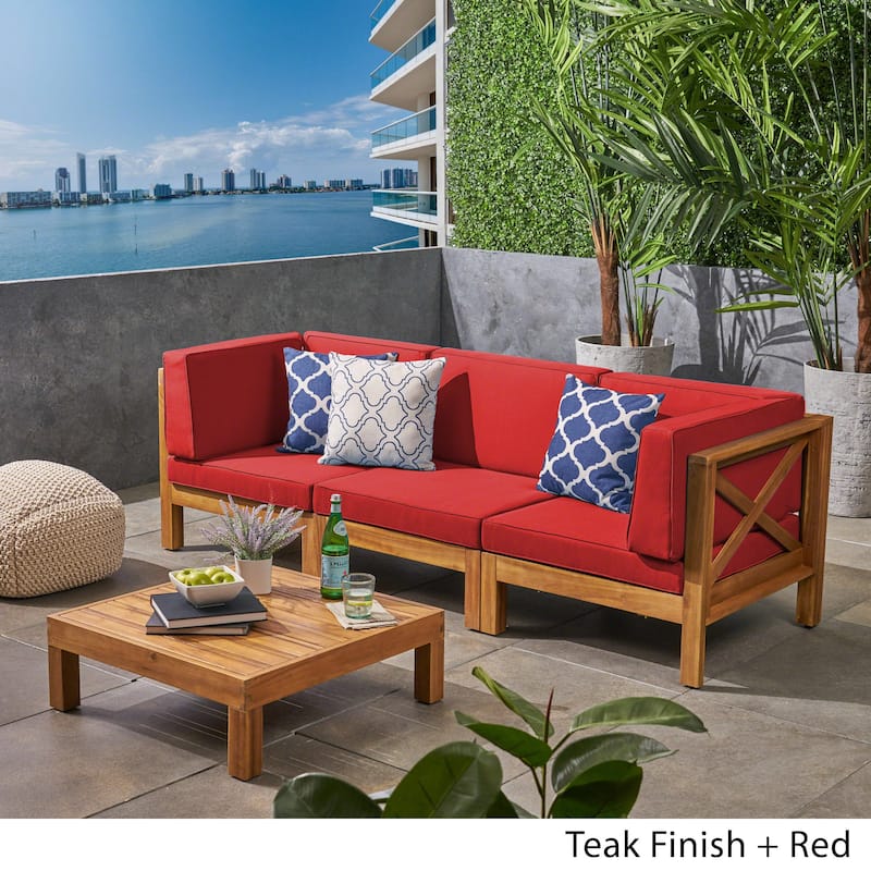 Brava Outdoor 3-Seater Acacia Wood Sectional Sofa Set with Coffee Table and Cushions by Christopher Knight Home