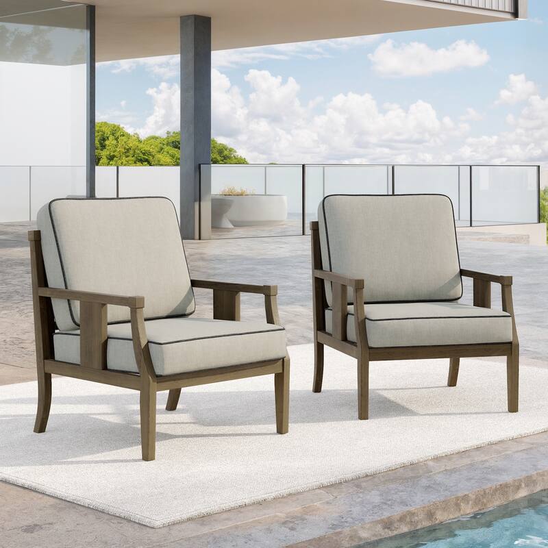 Set of 2 Outdoor Teak Wood Armchairs with Cushions, Patio Club Chairs - Natural Wood - Light Camel