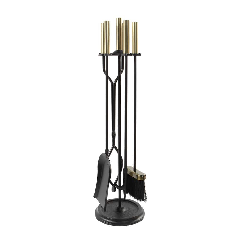 Achla Designs Set of 4 Neoclassic Fireplace Tool Set, 30 Inch Tall, Antique Brass and Black