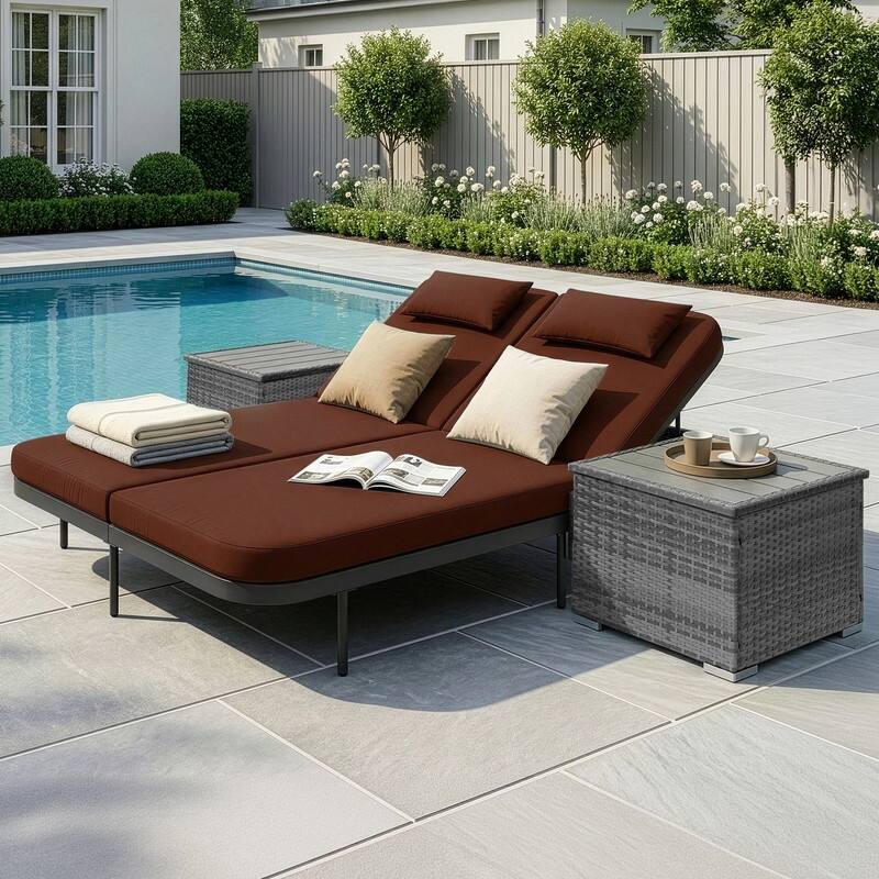 2-Person Outdoor Double Chaise Lounge with 2 Side Tables, Wicker Patio Reclining Daybed, Adjustable Backrests, 800 lb Capacity
