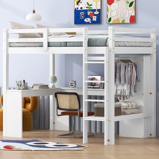 Wardrobe Design Twin Size Loft Bed with L-shaped Desk, Wardrobe and Storage Shelves