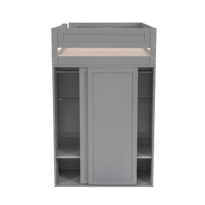 Wood Twin Size Loft Bed with Wardrobes and 2-Drawer Desk with Cabinet