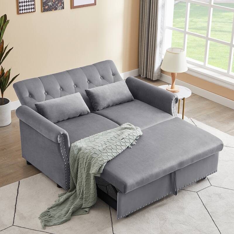 55" Velvet Convertible Pull-Out Loveseat Sleeper Sofa with 2 Pillows