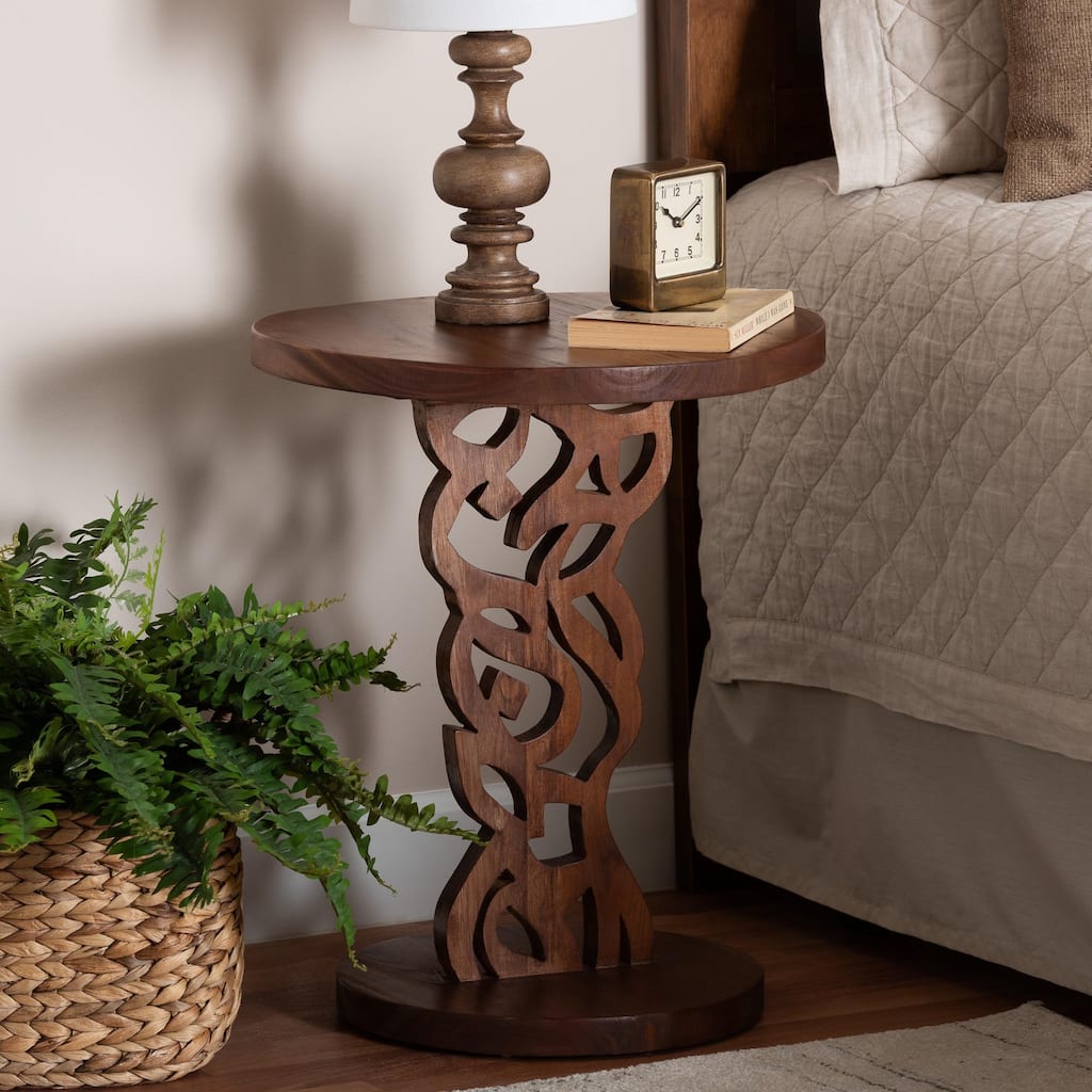 Donna Nightstand with Pedestal Base - Mahogany Wood Bedside Side Table with Round Tabletop