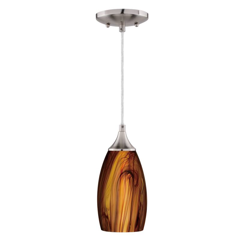 Milano Satin Nickel Mini Pendant Ceiling Light Amber Fire Glass - 4.75-in W x 9.75-in H x 4.75-in D