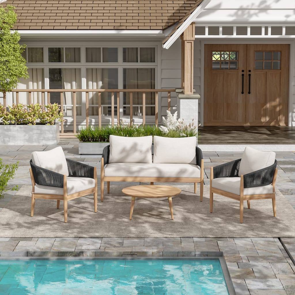 Roomfitters Outdoor Chat Set 4 Piece Acacia Wood Rope Woven Seating Cushioned